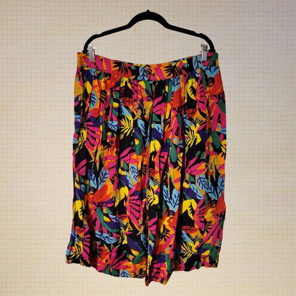 90s Tropical Print Rayon Button-Up Midi Skirt Pockets Womens L XL Fit W36 H50